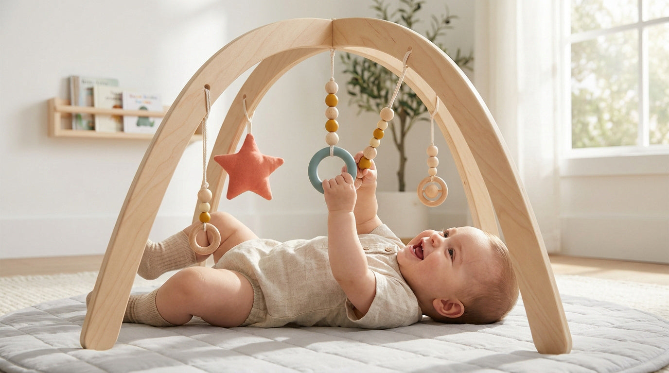 Enfant explorant une arche de motricité en bois