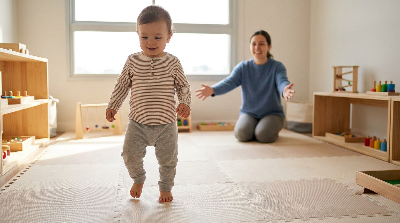 Bébé faisant ses premiers pas dans le salon