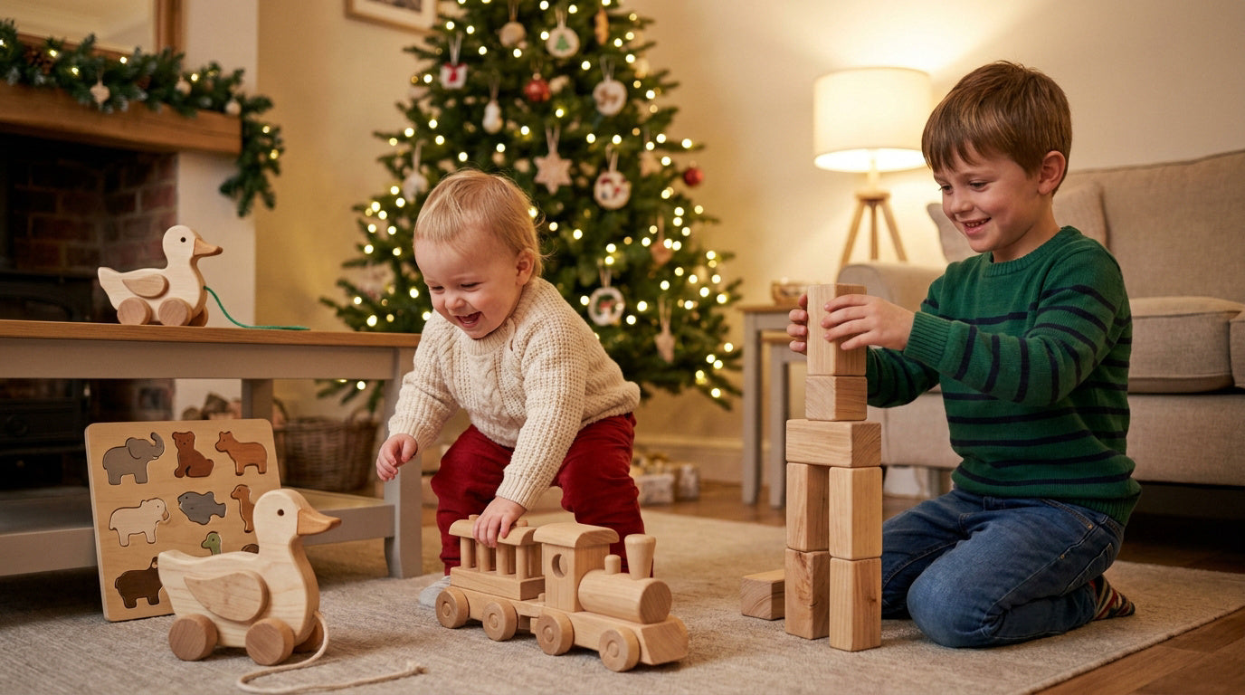 Jouets en bois disposés au pied d'un sapin de Noël