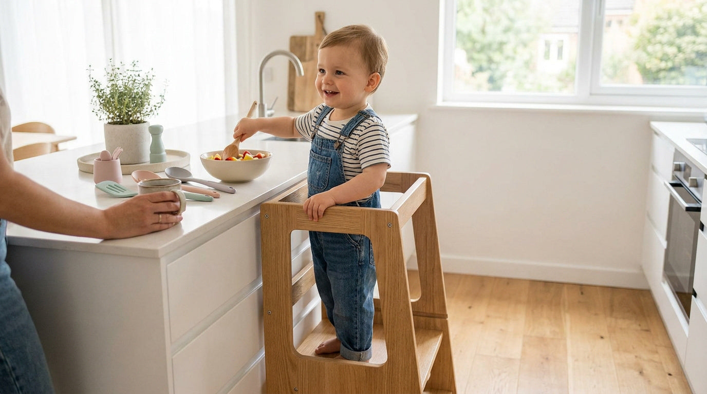 Enfant de 12 mois dans une tour d'apprentissage en cuisine