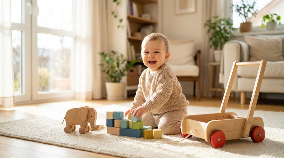 Bébé d'un an jouant avec des jouets en bois