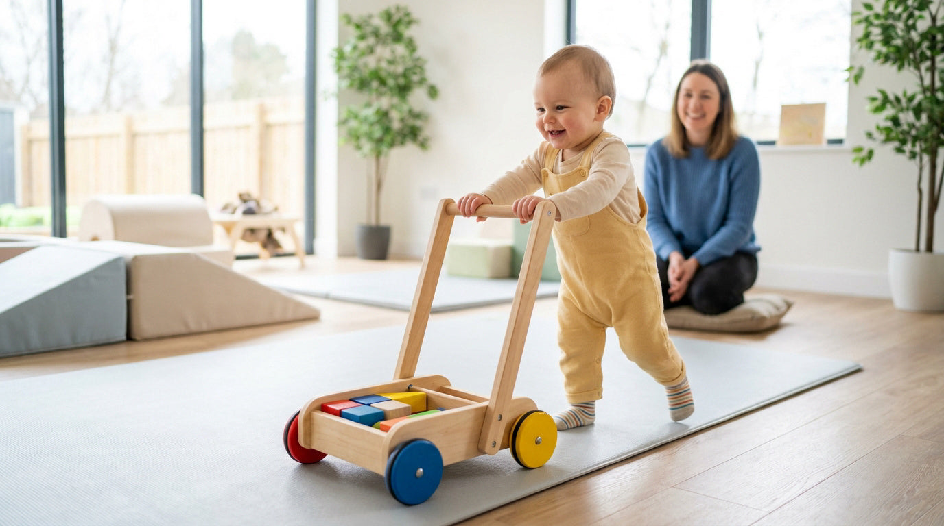 Bébé poussant un chariot de marche en bois lors de ses premiers pas