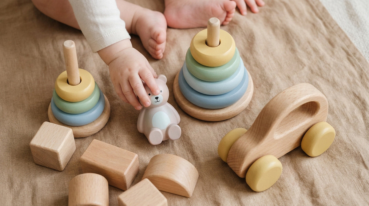 Sélection de jouets en bois pour bébé posés sur un plan clair