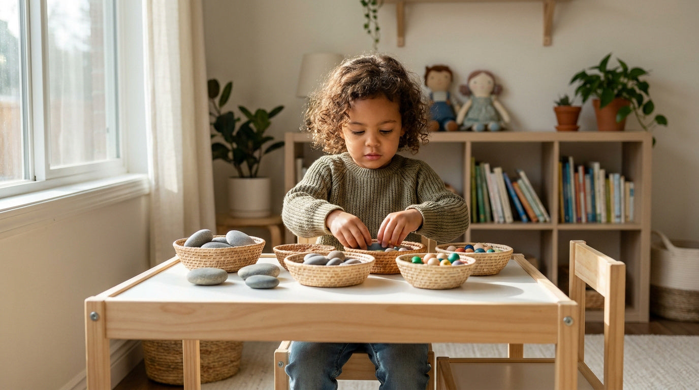 Enfant concentré sur une activité Montessori simple