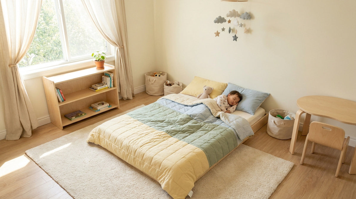 Chambre d'enfant avec un lit au sol Montessori