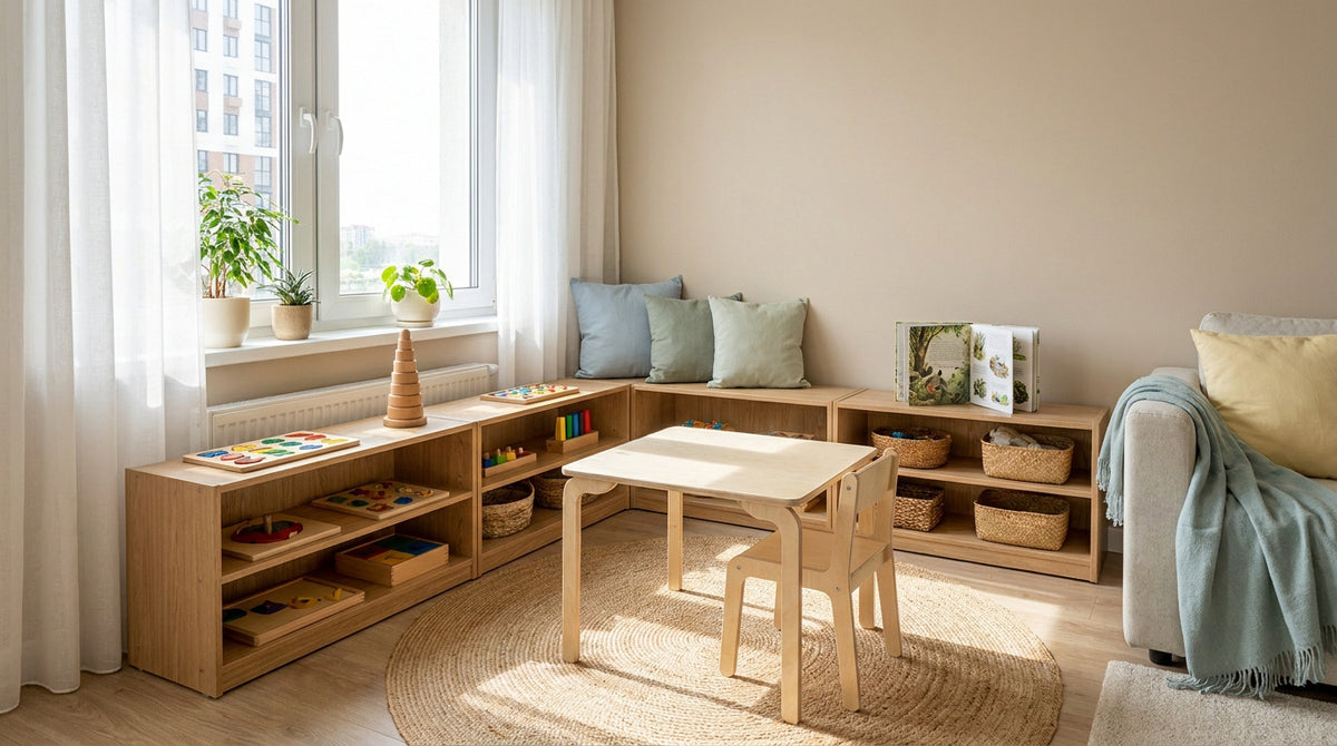 Espace Montessori aménagé dans un petit appartement lumineux