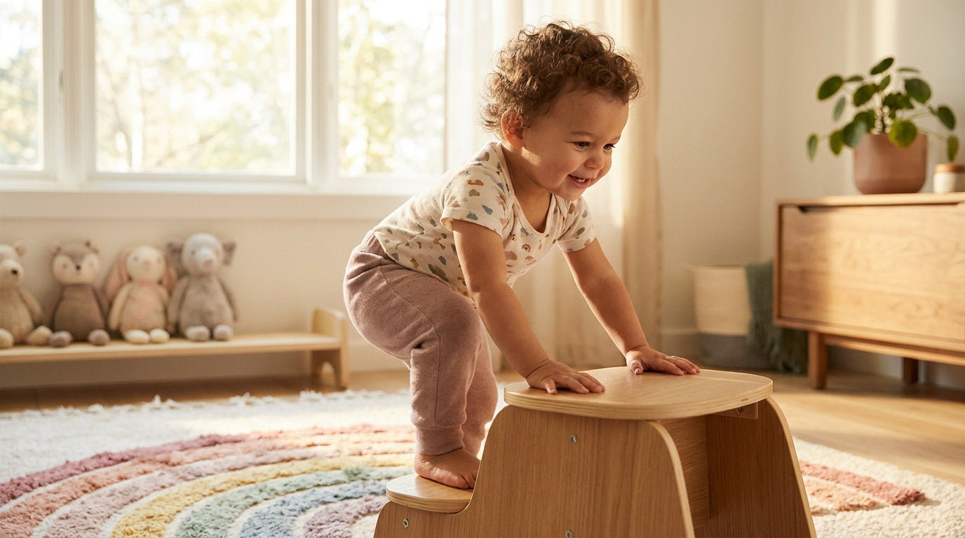 Bébé de 18 mois grimpant sur un tabouret en bois