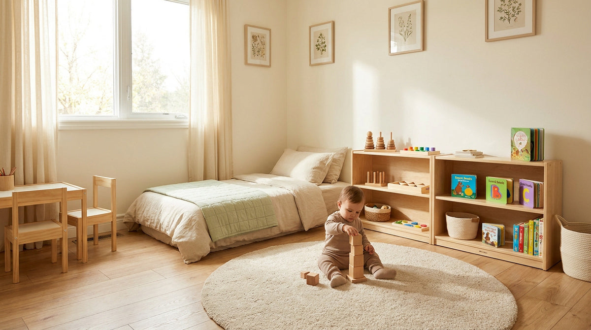 Chambre d'enfant Montessori avec lit au sol et espace de jeu