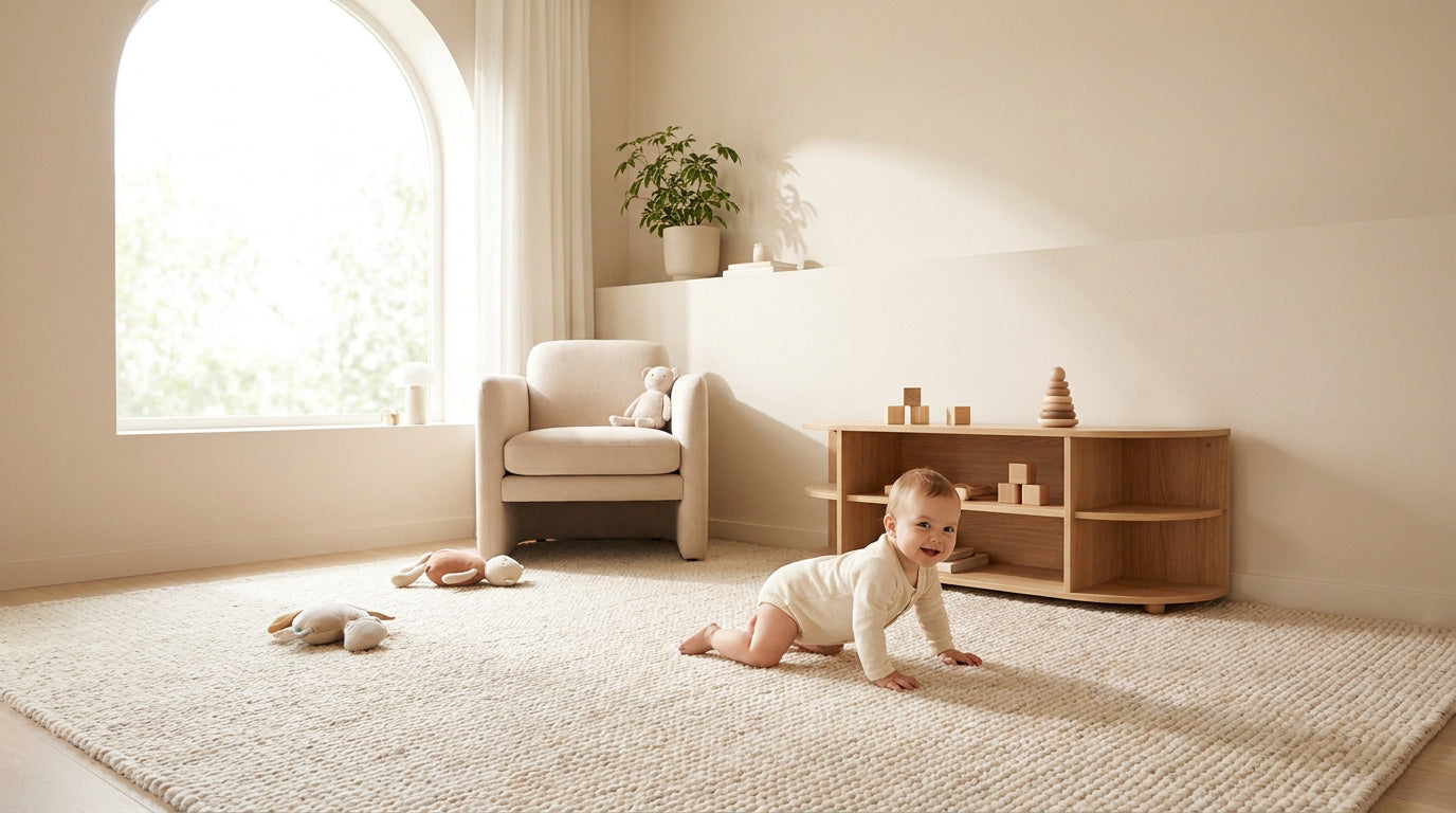 Bébé explorant librement une chambre sécurisée