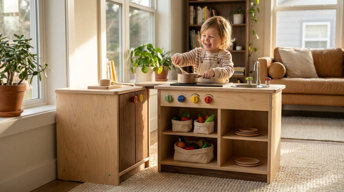 Enfant jouant dans une cuisine en bois pour enfant
