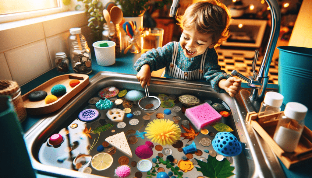 Enfant qui joue avec des objets dans l'eau