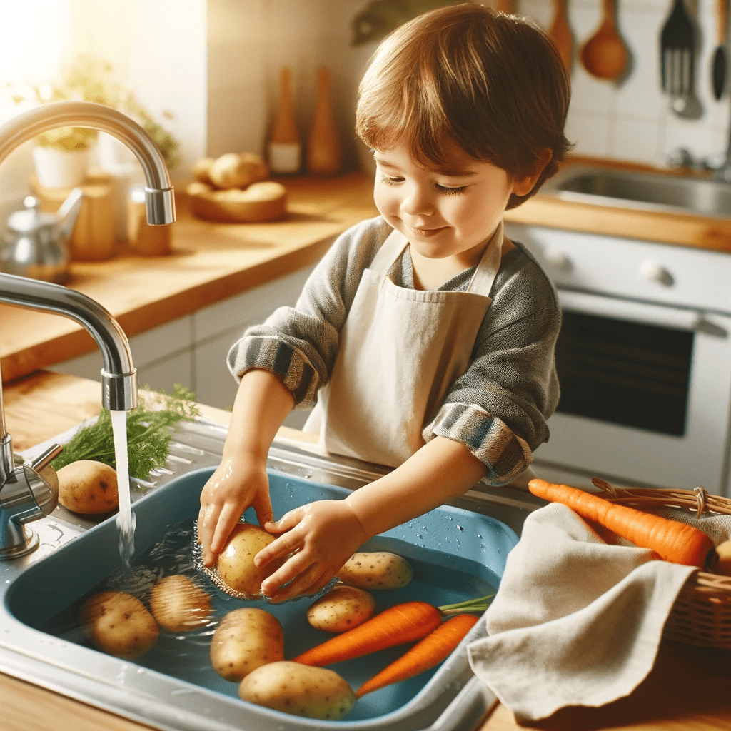 Enfant qui lave les légumes